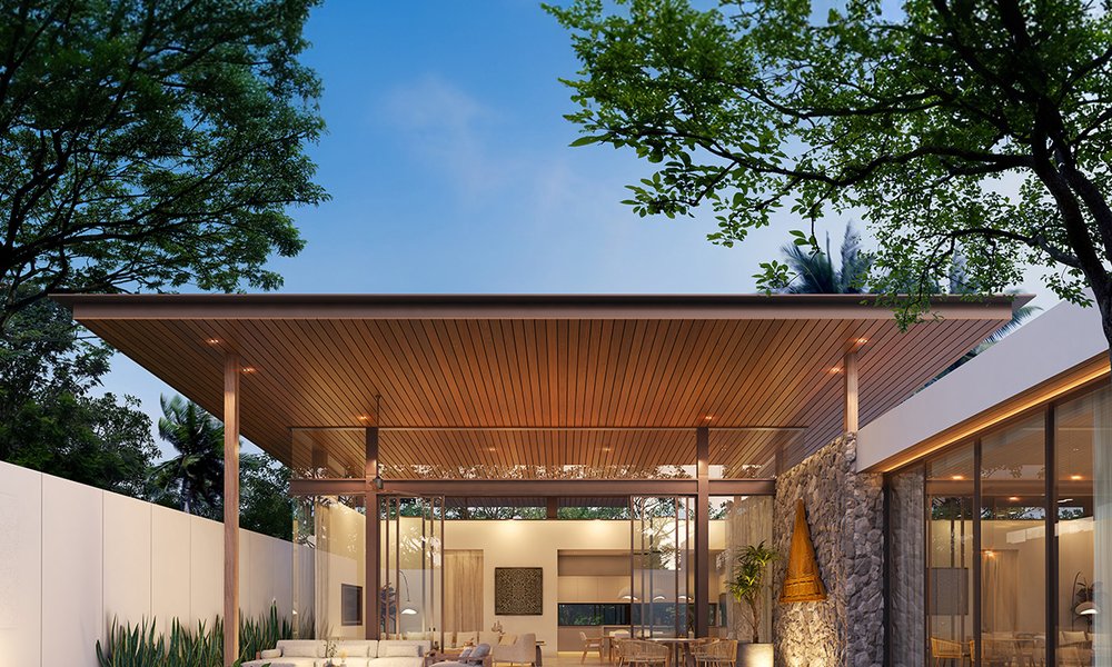 Mono Champaca — pool terrace in the evening