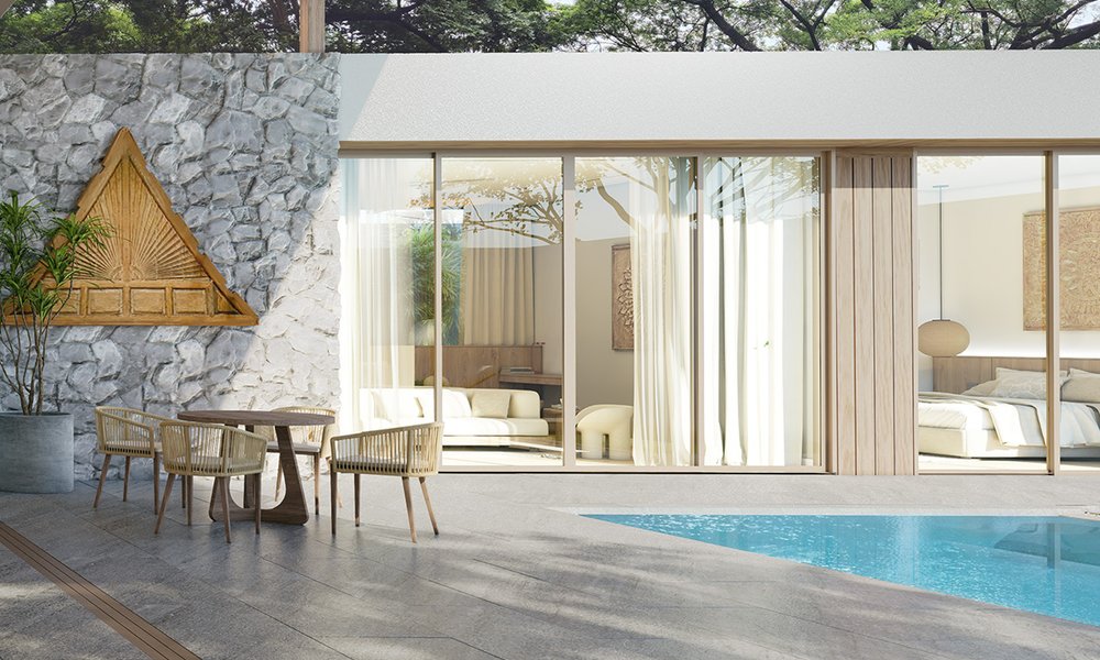Mono Champaca — dining area by the stone wall